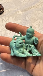A complete set of 12 Chinese carved turquoise 'Children at Play with the Zodiac Animals' figures on wooden stands, Republic