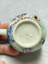 A fine Chinese Canton famille rose cup and saucer with figural design, Yongzheng/Qianlong