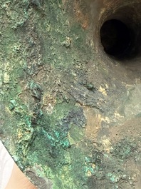 A Chinese archaic bronze wine vessel with Taotie design, Gu 觚, Shang
