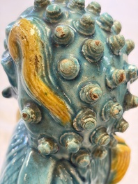 A pair of Chinese turquoise-glazed Buddhist lions, a pair of green-glazed parrots and a pair of miniature garden seats, 19/20th C.