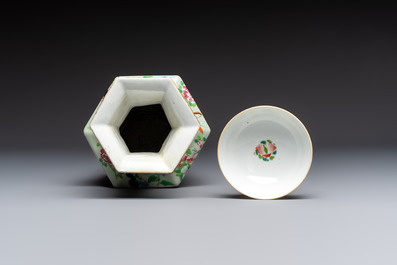 A Chinese famille rose celadon-ground hexagonal vase and a famille rose stem bowl, 19th C.