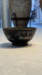 A Chinese silver-lined laque burgaut&eacute; bowl with figural design, Kangxi