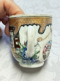 A fine Chinese Canton famille rose cup and saucer with figural design, Yongzheng/Qianlong