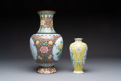 Two Chinese Canton enamel vases and a 'European Subject' dish, 20th C.