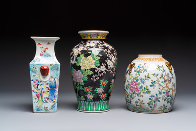 Five Chinese famille rose and verte vases and an armorial ewer, various marks, 20th C.