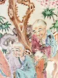 A pair of Chinese famille rose '18 Luohan' vases and covers, 19th C.