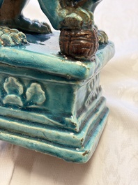 A pair of Chinese turquoise-glazed Buddhist lions, a pair of green-glazed parrots and a pair of miniature garden seats, 19/20th C.