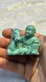 A complete set of 12 Chinese carved turquoise 'Children at Play with the Zodiac Animals' figures on wooden stands, Republic