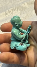 A complete set of 12 Chinese carved turquoise 'Children at Play with the Zodiac Animals' figures on wooden stands, Republic