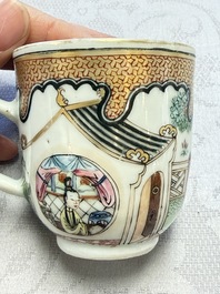 A fine Chinese Canton famille rose cup and saucer with figural design, Yongzheng/Qianlong