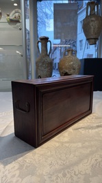 A Chinese white-jade-inset hongmu ruyi with a wooden presentation box and display case, 19th C.