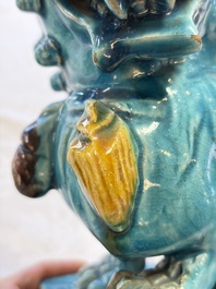 A pair of Chinese turquoise-glazed Buddhist lions, a pair of green-glazed parrots and a pair of miniature garden seats, 19/20th C.