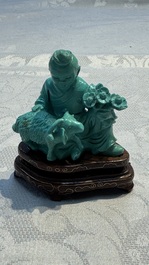 A complete set of 12 Chinese carved turquoise 'Children at Play with the Zodiac Animals' figures on wooden stands, Republic