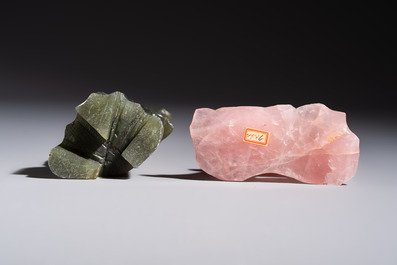 Five Chinese hardstone carvings, four with wooden stands, 20th C.