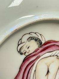 A rare Chinese famille rose erotic 'Milkmaid' cup and saucer, Qianlong, ca. 1740