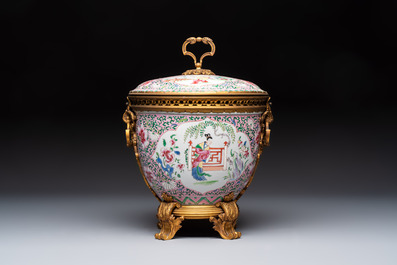 A gilt-bronze mounted famille rose-style covered bowl and two vases, one with cover, Samson, Paris, 19th C.