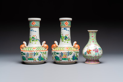 Five Chinese famille rose and verte vases and an armorial ewer, various marks, 20th C.