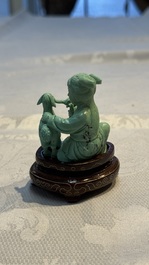 A complete set of 12 Chinese carved turquoise 'Children at Play with the Zodiac Animals' figures on wooden stands, Republic