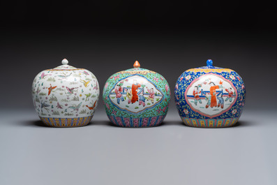 A Chinese famille rose archaistic covered vase, a vase, and three covered ginger jars, Qianlong marks, 20th C.
