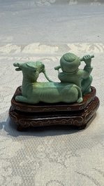A complete set of 12 Chinese carved turquoise 'Children at Play with the Zodiac Animals' figures on wooden stands, Republic