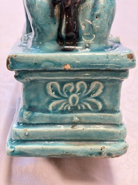 A pair of Chinese turquoise-glazed Buddhist lions, a pair of green-glazed parrots and a pair of miniature garden seats, 19/20th C.