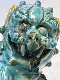 A pair of Chinese turquoise-glazed Buddhist lions, a pair of green-glazed parrots and a pair of miniature garden seats, 19/20th C.