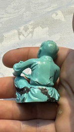 A complete set of 12 Chinese carved turquoise 'Children at Play with the Zodiac Animals' figures on wooden stands, Republic