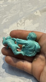 A complete set of 12 Chinese carved turquoise 'Children at Play with the Zodiac Animals' figures on wooden stands, Republic