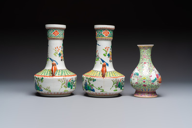 Five Chinese famille rose and verte vases and an armorial ewer, various marks, 20th C.