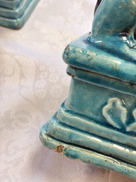 A pair of Chinese turquoise-glazed Buddhist lions, a pair of green-glazed parrots and a pair of miniature garden seats, 19/20th C.