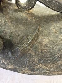 A rare and large Chinese archaistic bronze pouring vessel and cover, Gong 觥, Qing