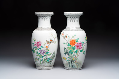 A Chinese famille rose 'Mountainous Landscape' jardiniere with a stand and a pair of vases with floral design, Qianlong marks, 20th C.