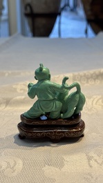 A complete set of 12 Chinese carved turquoise 'Children at Play with the Zodiac Animals' figures on wooden stands, Republic
