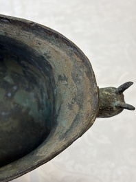 A rare and large Chinese archaistic bronze pouring vessel and cover, Gong 觥, Qing
