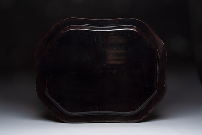 A large Chinese Canton gilt-decorated black lacquer tray with narrative design, 19th C.