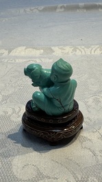 A complete set of 12 Chinese carved turquoise 'Children at Play with the Zodiac Animals' figures on wooden stands, Republic
