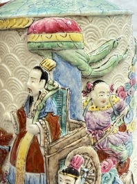 A pair of Chinese famille rose relief-moulded 'Immortals' vases, Qianlong mark, Republic