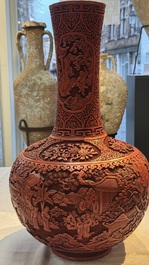 A pair of Chinese cinnabar lacquer 'Xi Xiang Ji' 'Tianqiu Ping' vases, 20th C.