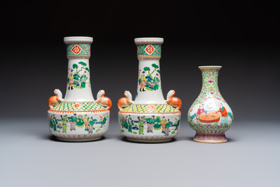 Five Chinese famille rose and verte vases and an armorial ewer, various marks, 20th C.