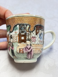 A fine Chinese Canton famille rose cup and saucer with figural design, Yongzheng/Qianlong