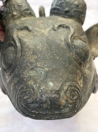 A rare and large Chinese archaistic bronze pouring vessel and cover, Gong 觥, Qing