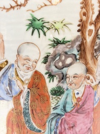 A pair of Chinese famille rose '18 Luohan' vases and covers, 19th C.