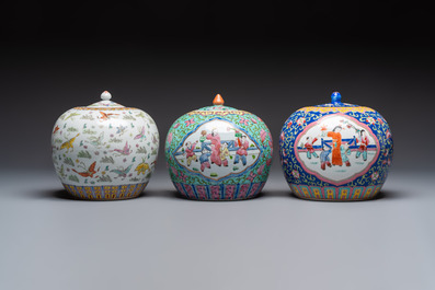 A Chinese famille rose archaistic covered vase, a vase, and three covered ginger jars, Qianlong marks, 20th C.