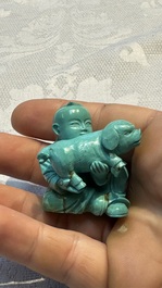 A complete set of 12 Chinese carved turquoise 'Children at Play with the Zodiac Animals' figures on wooden stands, Republic