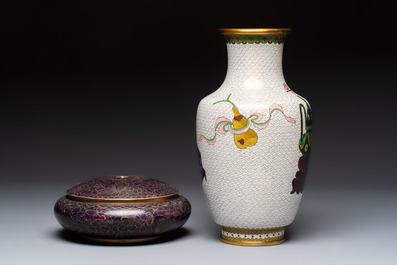 Three Chinese cloisonn&eacute; vases and a covered box, 20th C.