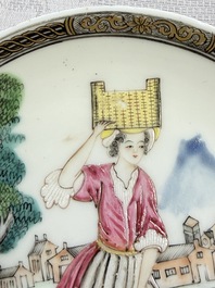 A rare Chinese famille rose erotic 'Milkmaid' cup and saucer, Qianlong, ca. 1740