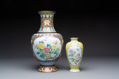 Two Chinese Canton enamel vases and a 'European Subject' dish, 20th C.