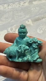 A complete set of 12 Chinese carved turquoise 'Children at Play with the Zodiac Animals' figures on wooden stands, Republic