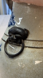A Chinese Nanking crackle-glazed blue and white 'Hu' vase with a deer hunting scene, Hongwu mark, 19th C.