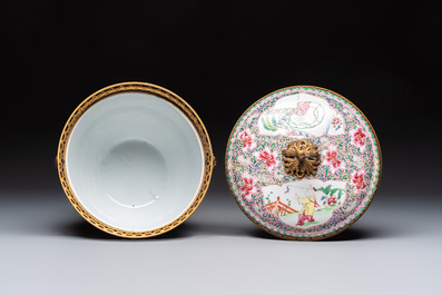 A gilt-bronze mounted famille rose-style covered bowl and two vases, one with cover, Samson, Paris, 19th C.